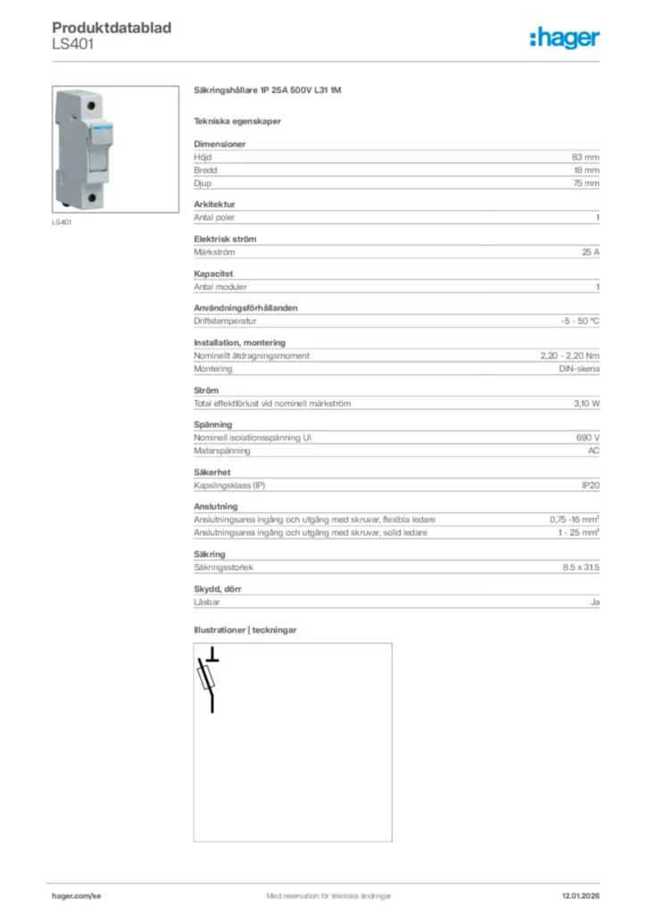 Bild Hager Produktdatablad LS401 | Hager Sverige