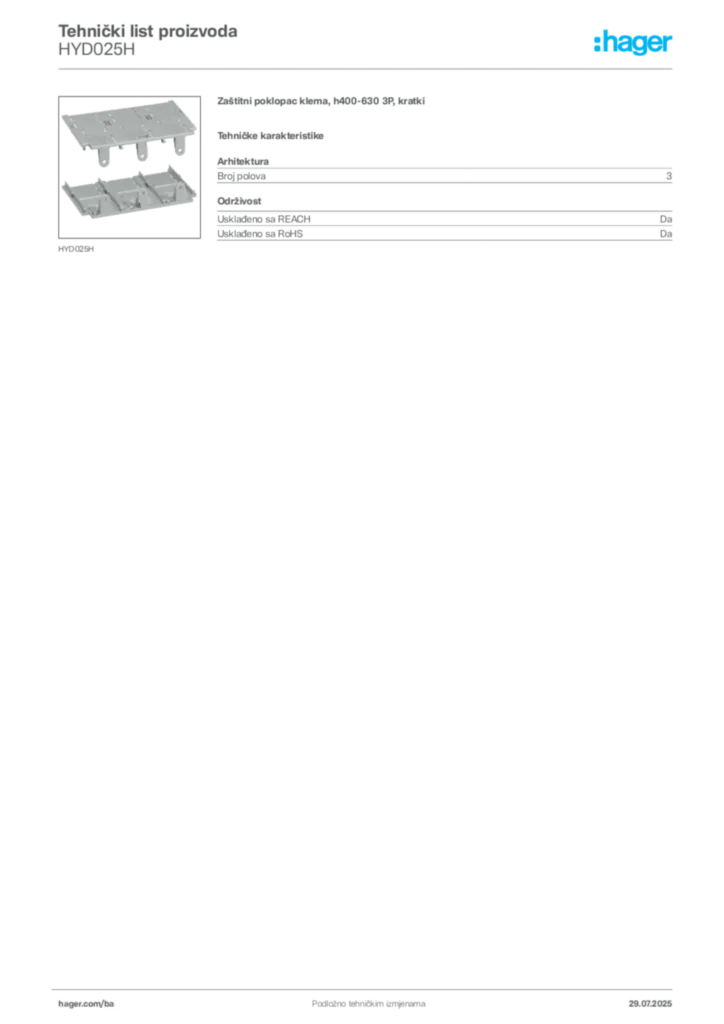 Slika Hager Product data sheet HYD025H  | Hager