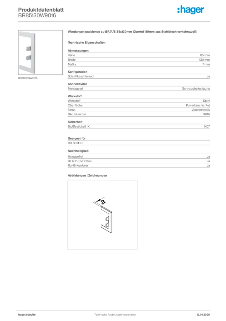 Bild Hager Produktdatenblatt BR85130W9016 | Hager Deutschland