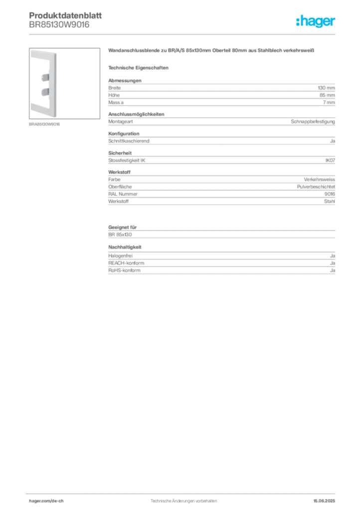 Bild Hager Produktdatenblatt BR85130W9016 | Hager Schweiz