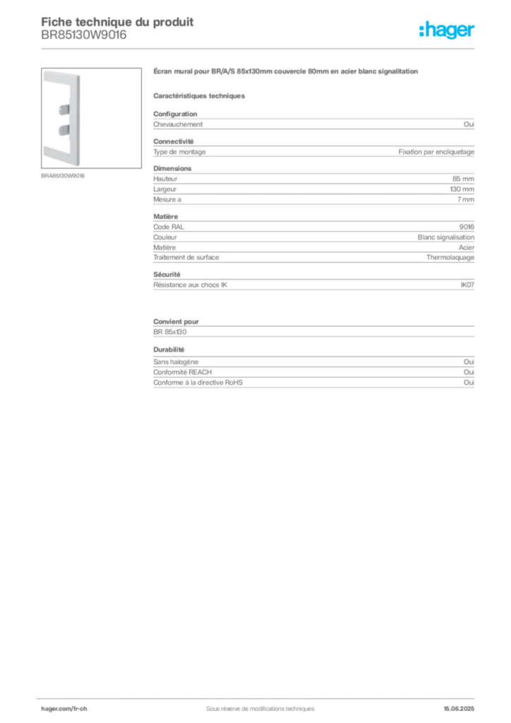 Image Hager Fiche technique du produit BR85130W9016 | Hager Suisse