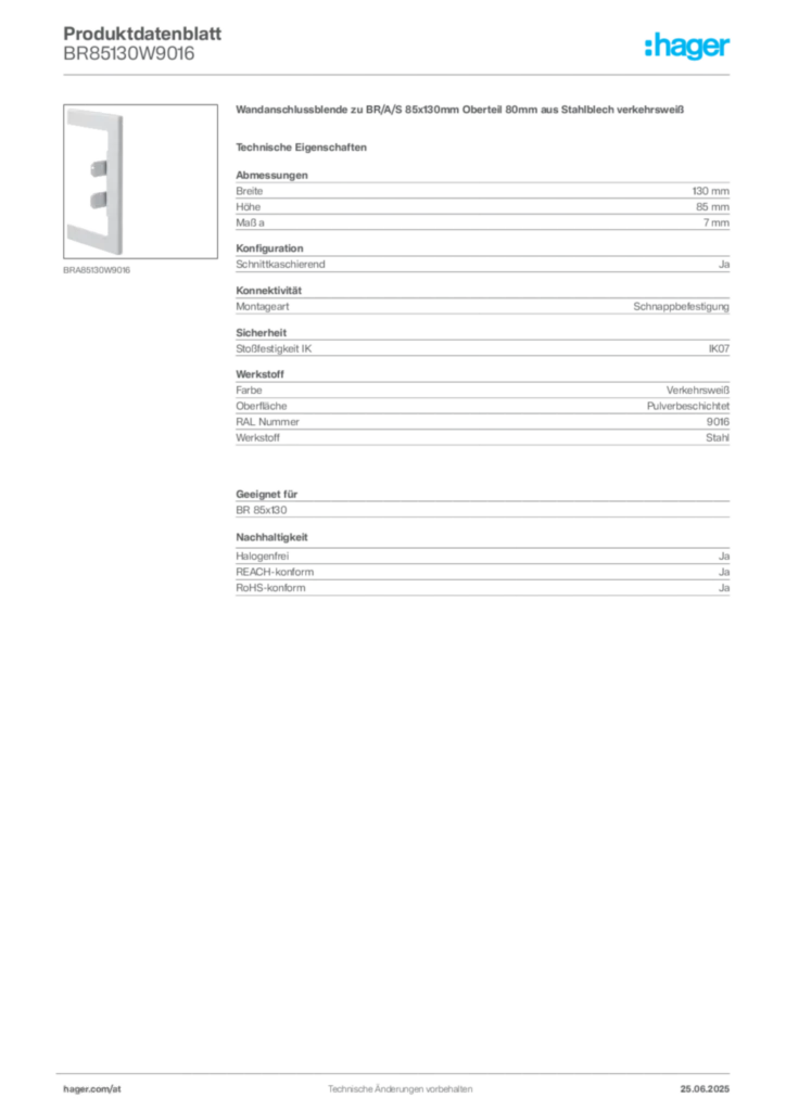 Bild Hager Produktdatenblatt BR85130W9016 | Hager Deutschland