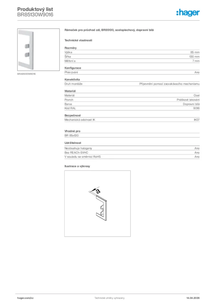 Obrázek Hager Product data sheet BR85130W9016 | Hager