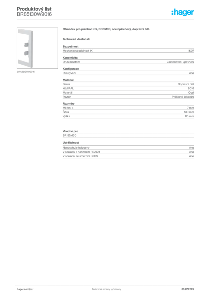 Obrázek Hager Produktový list BR85130W9016 | Hager