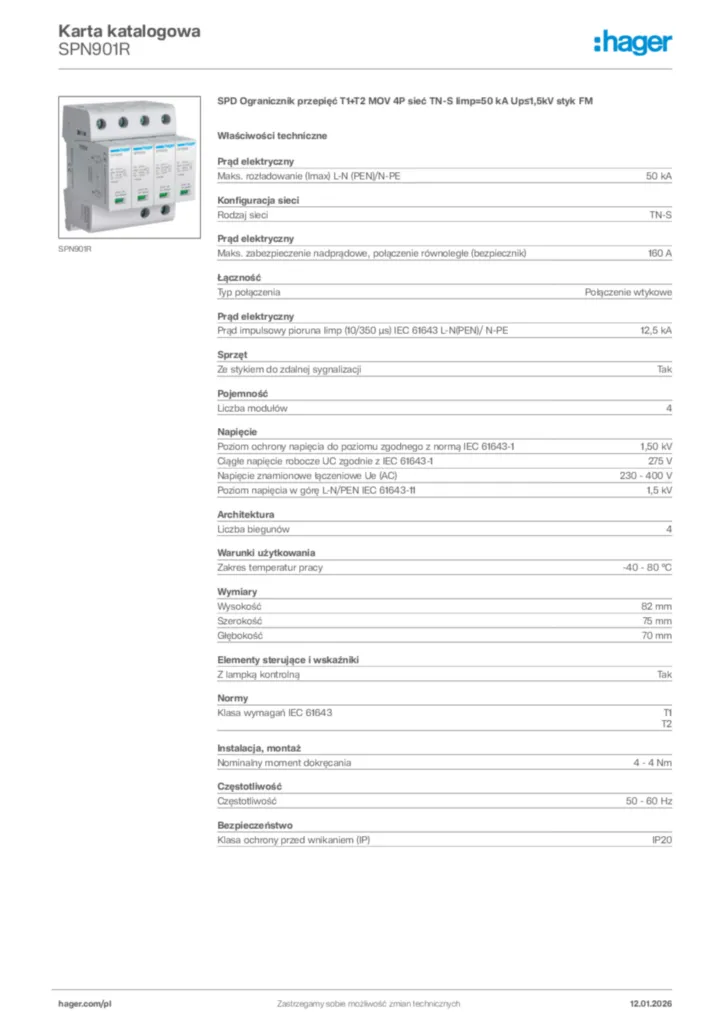 Zdjęcie Hager Karta katalogowa SPN901R | Hager Polska