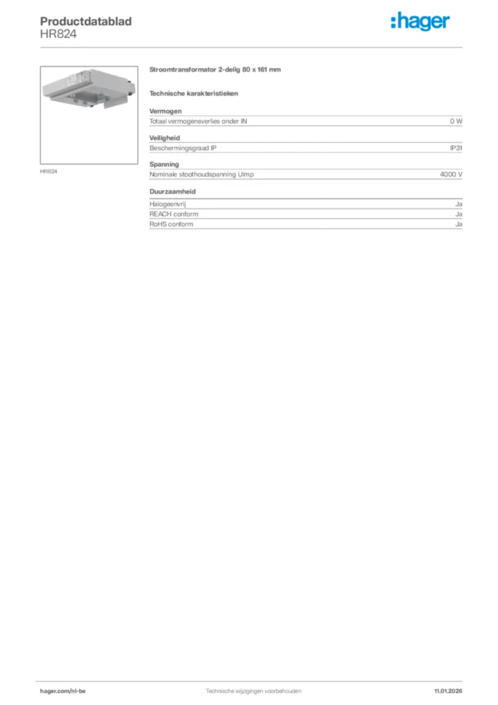 Afbeelding Hager Productdatablad HR824 | Hager Belgium
