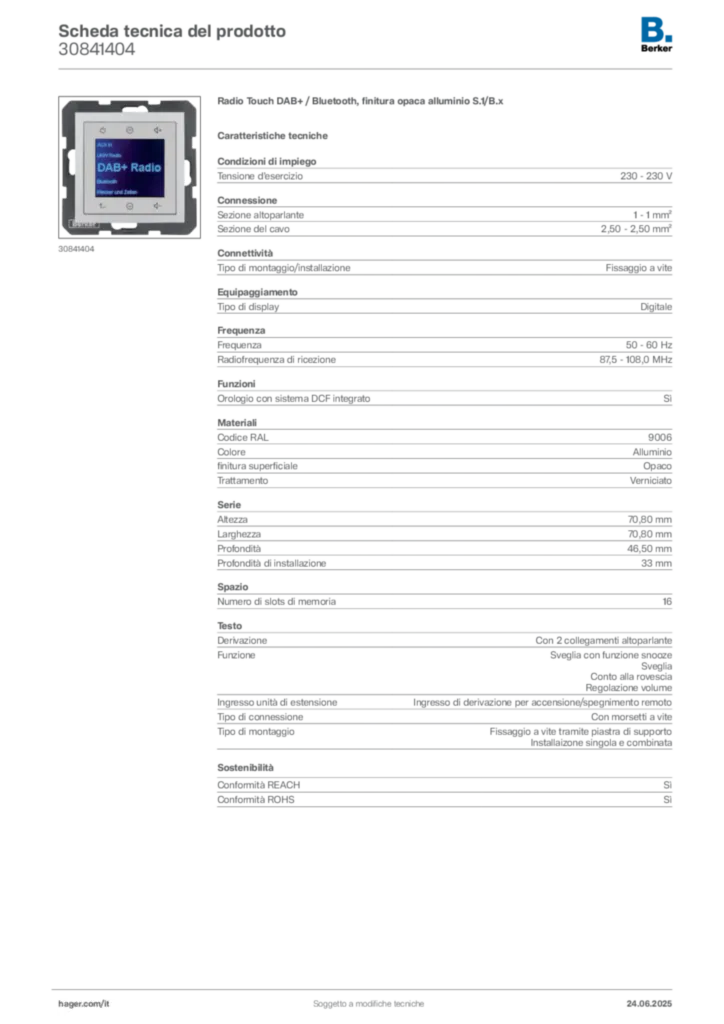 Immagine Berker Scheda tecnica del prodotto 30841404 | Hager Italia