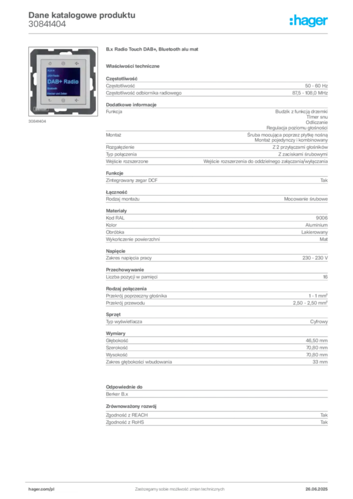 Zdjęcie Hager Dane katalogowe produktu 30841404 | Hager Polska