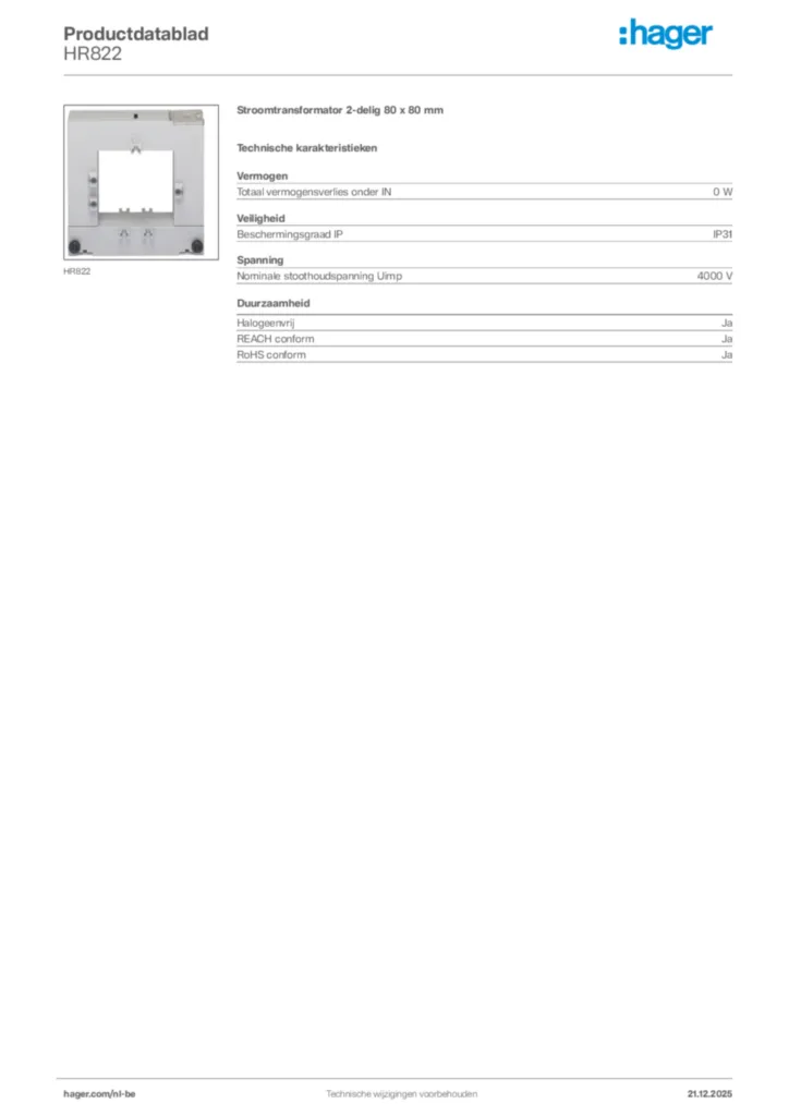 Afbeelding Hager Productdatablad HR822 | Hager Belgium