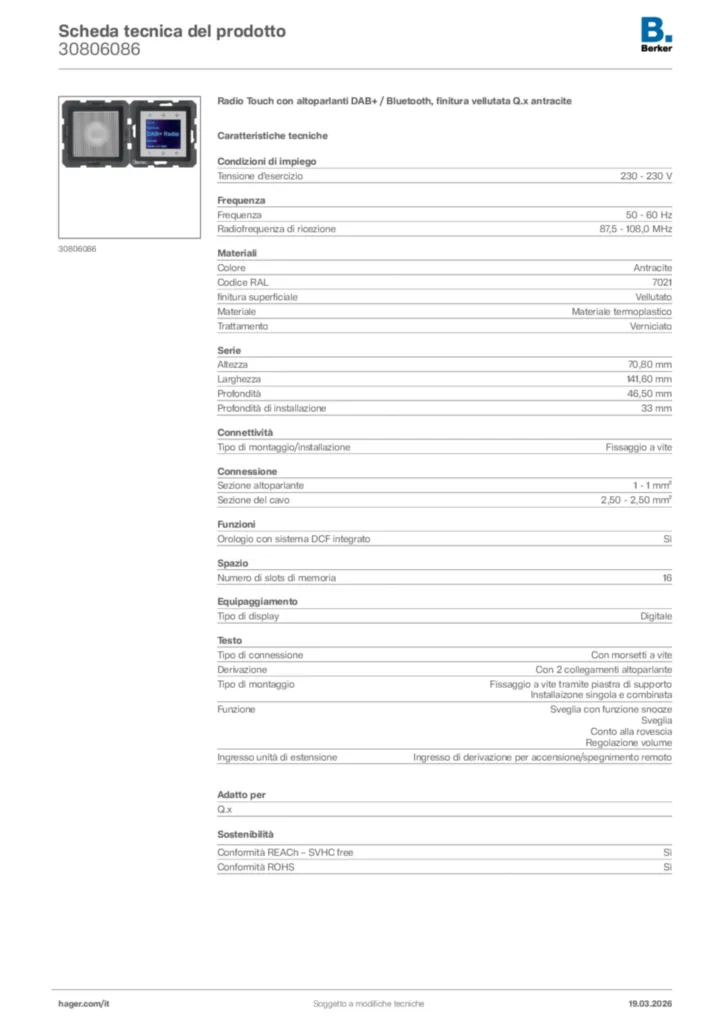 Immagine Berker Scheda tecnica del prodotto 30806086 | Hager Italia