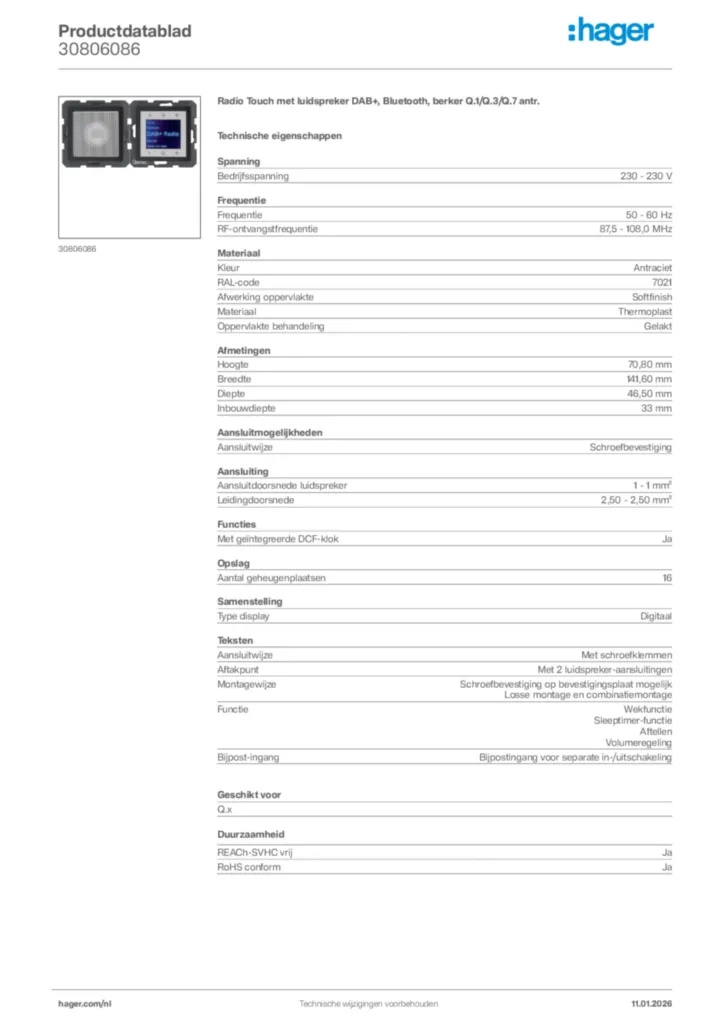 Afbeelding Hager Productdatablad 30806086 | Hager Nederland