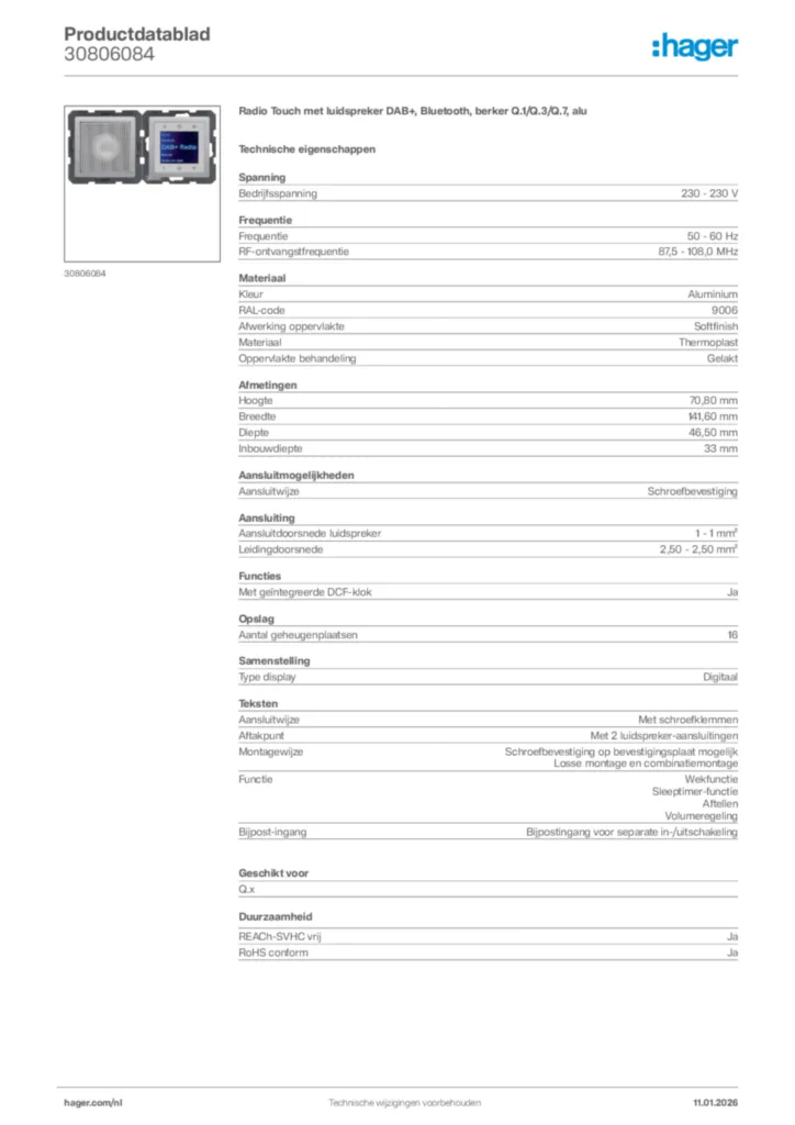 Afbeelding Hager Productdatablad 30806084 | Hager Nederland