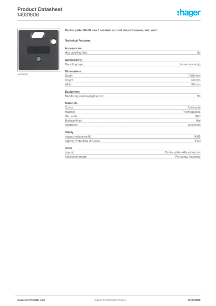 Image Hager Product data sheet 14931606  | Hager