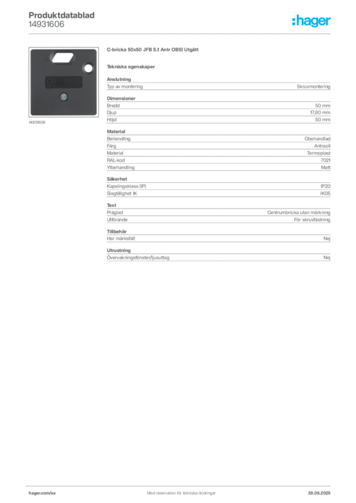 Bild Hager Produktdatablad 14931606 | Hager Sverige