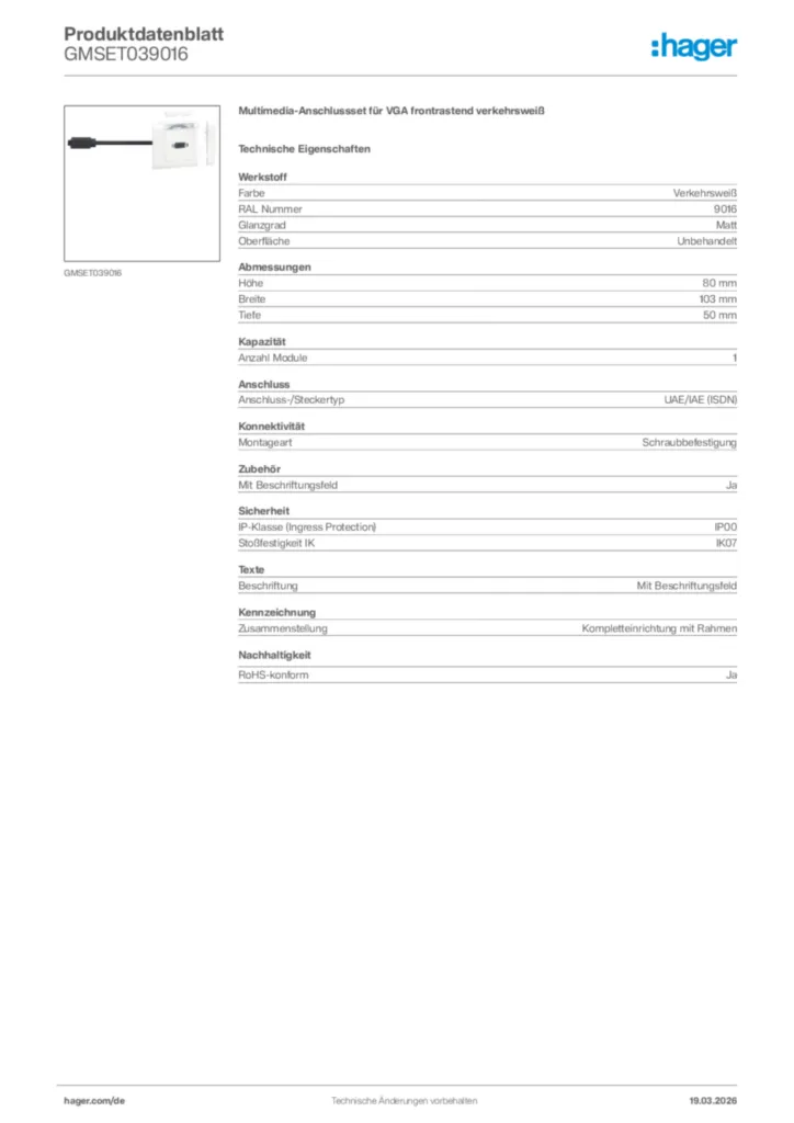 Bild Hager Produktdatenblatt GMSET039016 | Hager Deutschland