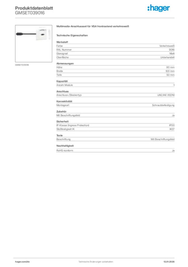 Bild Hager Produktdatenblatt GMSET039016 | Hager Deutschland