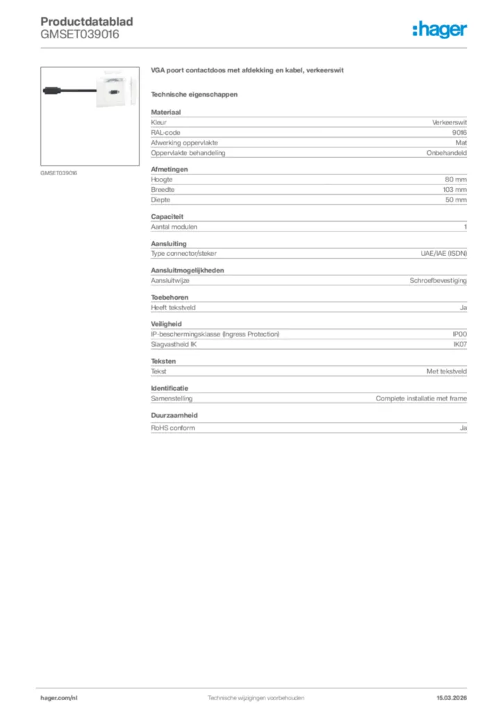 Afbeelding Hager Productdatablad GMSET039016 | Hager Nederland