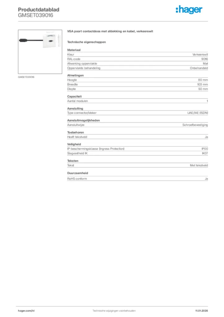 Afbeelding Hager Productdatablad GMSET039016 | Hager Nederland