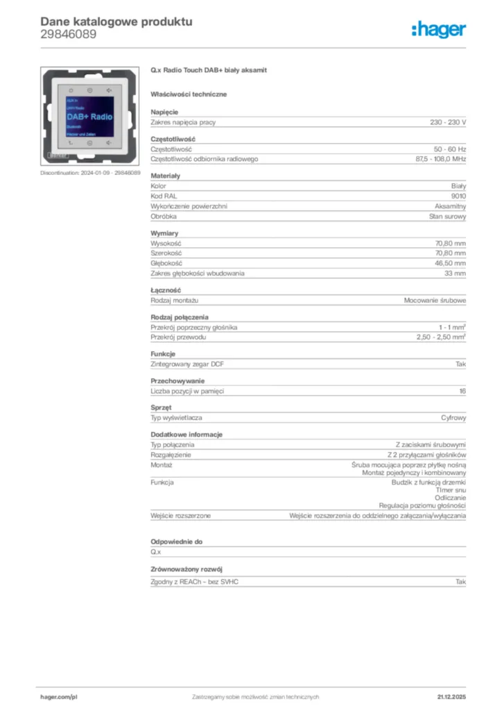 Zdjęcie Hager Dane katalogowe produktu 29846089 | Hager Polska