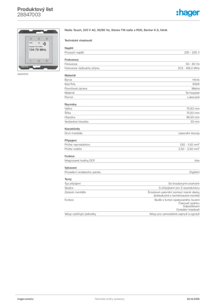 Obrázek Hager Produktový list 28847003 | Hager