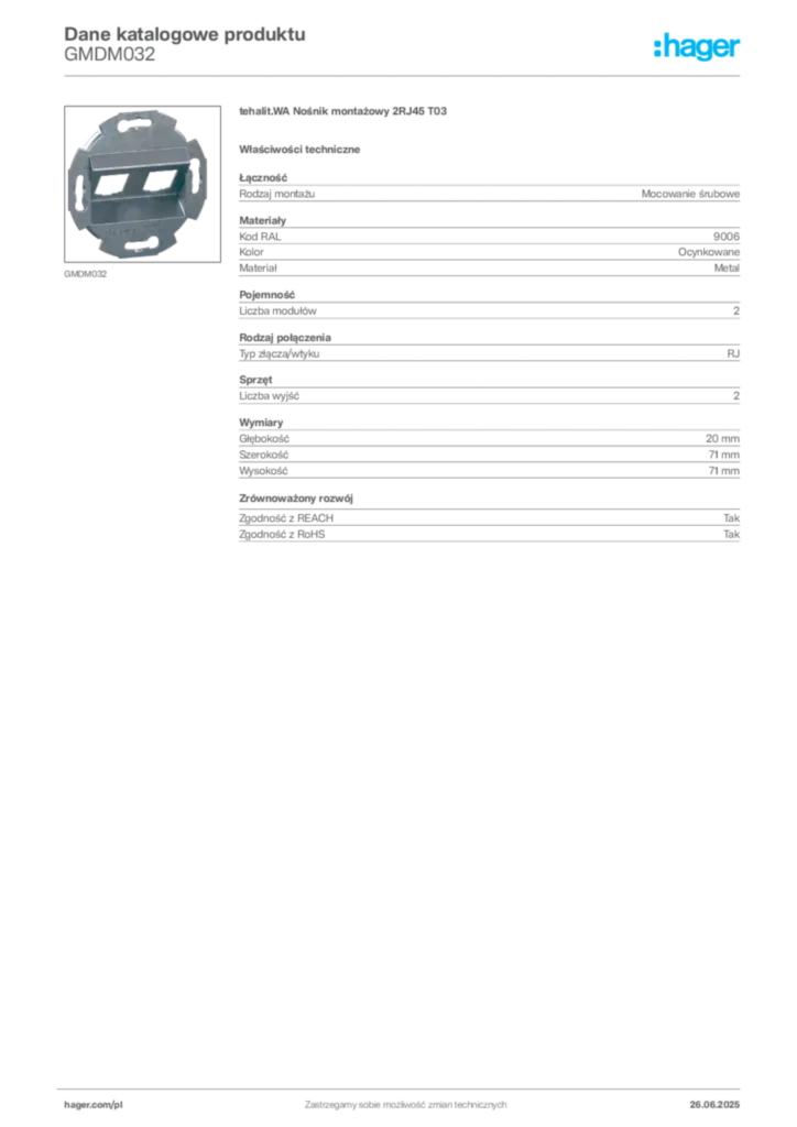 Zdjęcie Hager Dane katalogowe produktu GMDM032 | Hager Polska