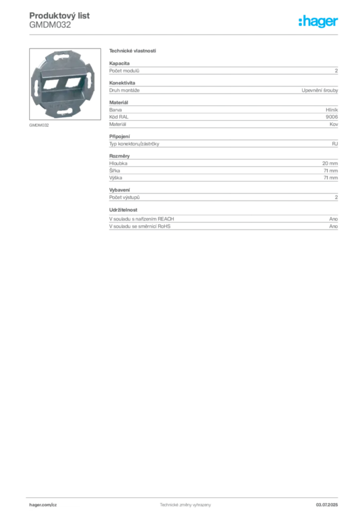 Obrázek Hager Produktový list GMDM032 | Hager