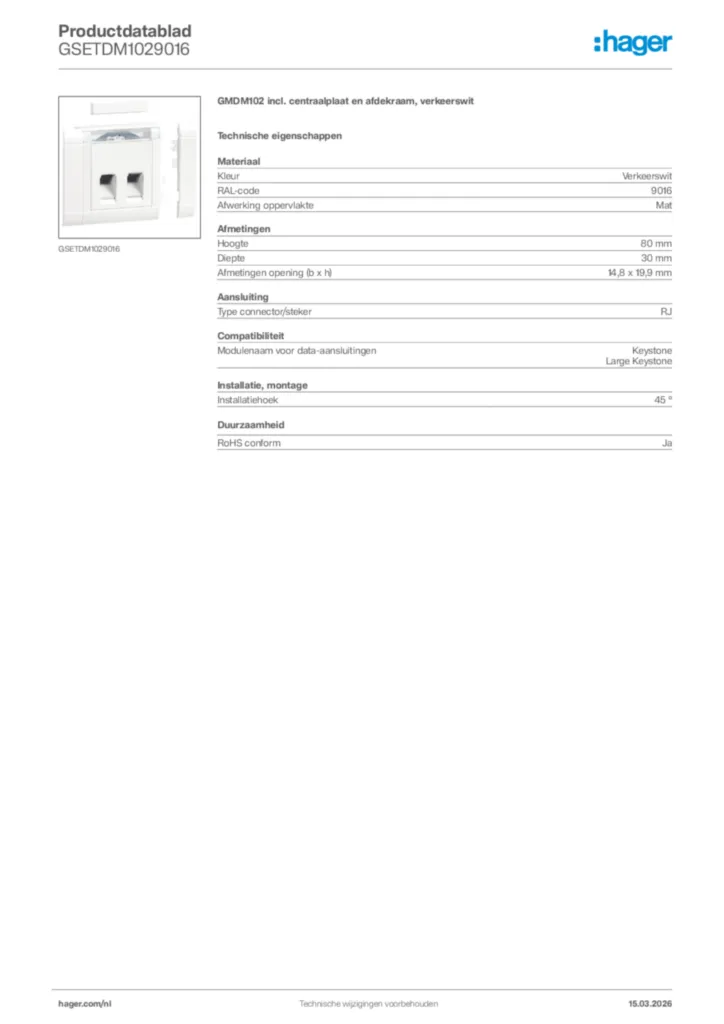 Afbeelding Hager Productdatablad GSETDM1029016 | Hager Nederland