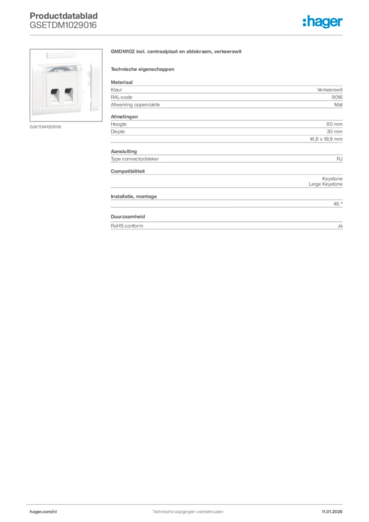 Afbeelding Hager Productdatablad GSETDM1029016 | Hager Nederland