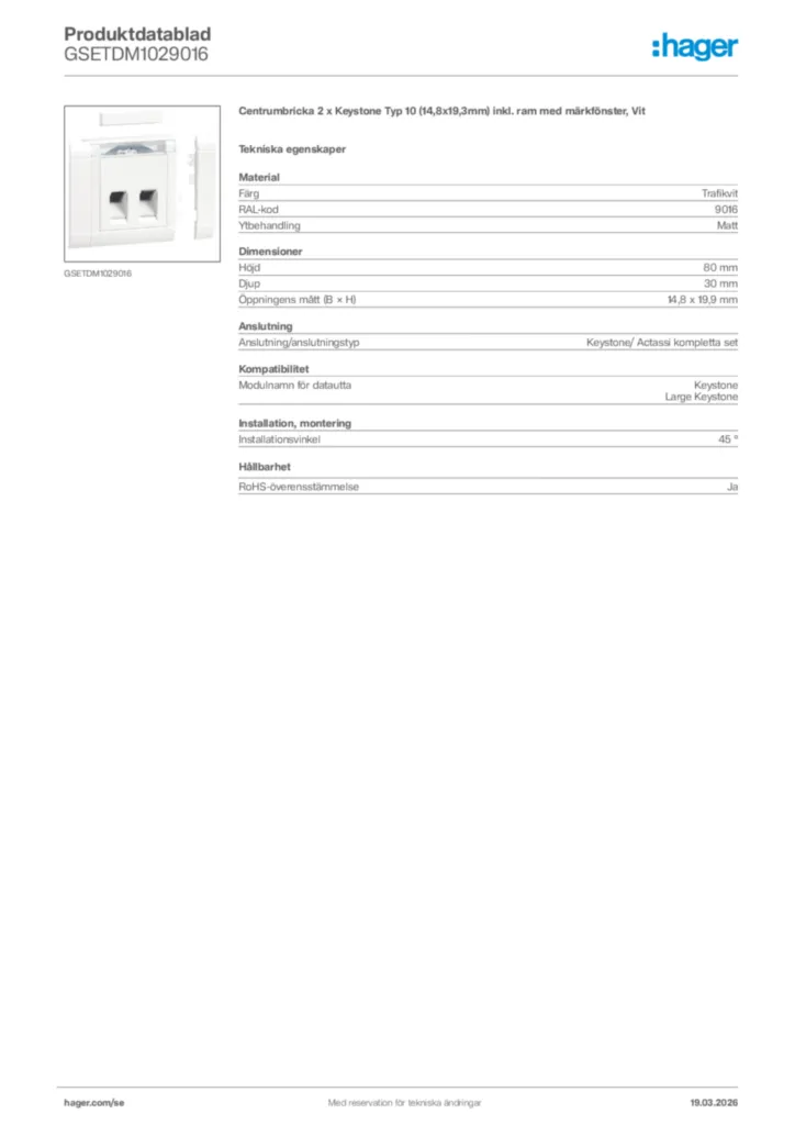 Bild Hager Produktdatablad GSETDM1029016 | Hager Sverige