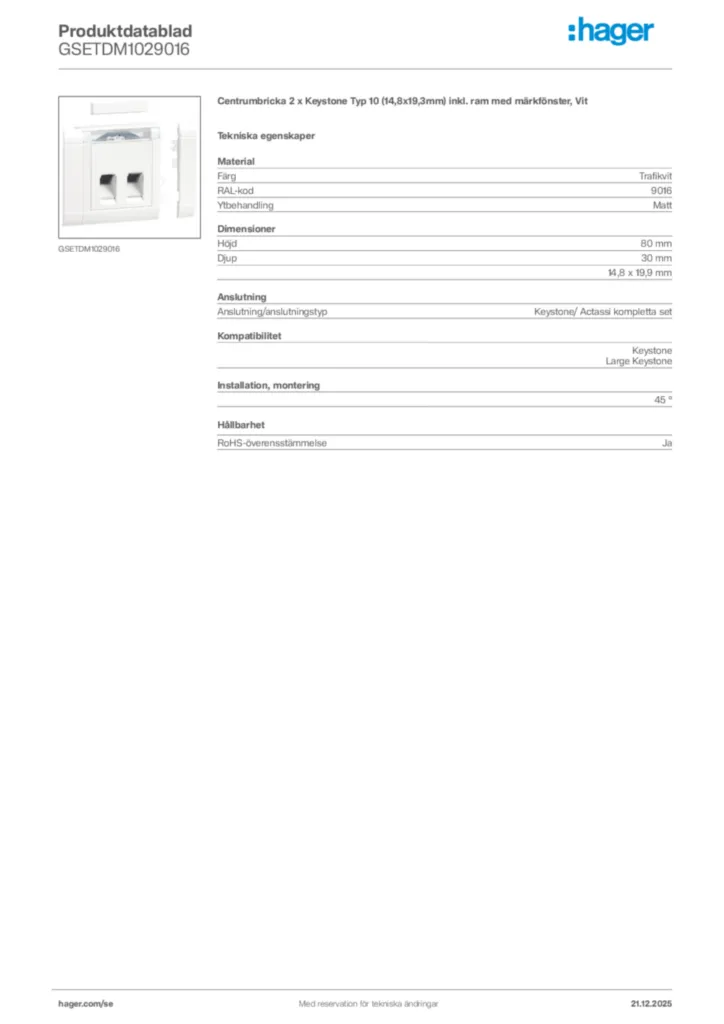 Bild Hager Produktdatablad GSETDM1029016 | Hager Sverige