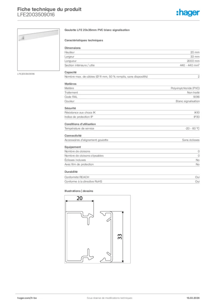 Image Hager Fiche technique du produit LFE2003509016 | Hager Belgique