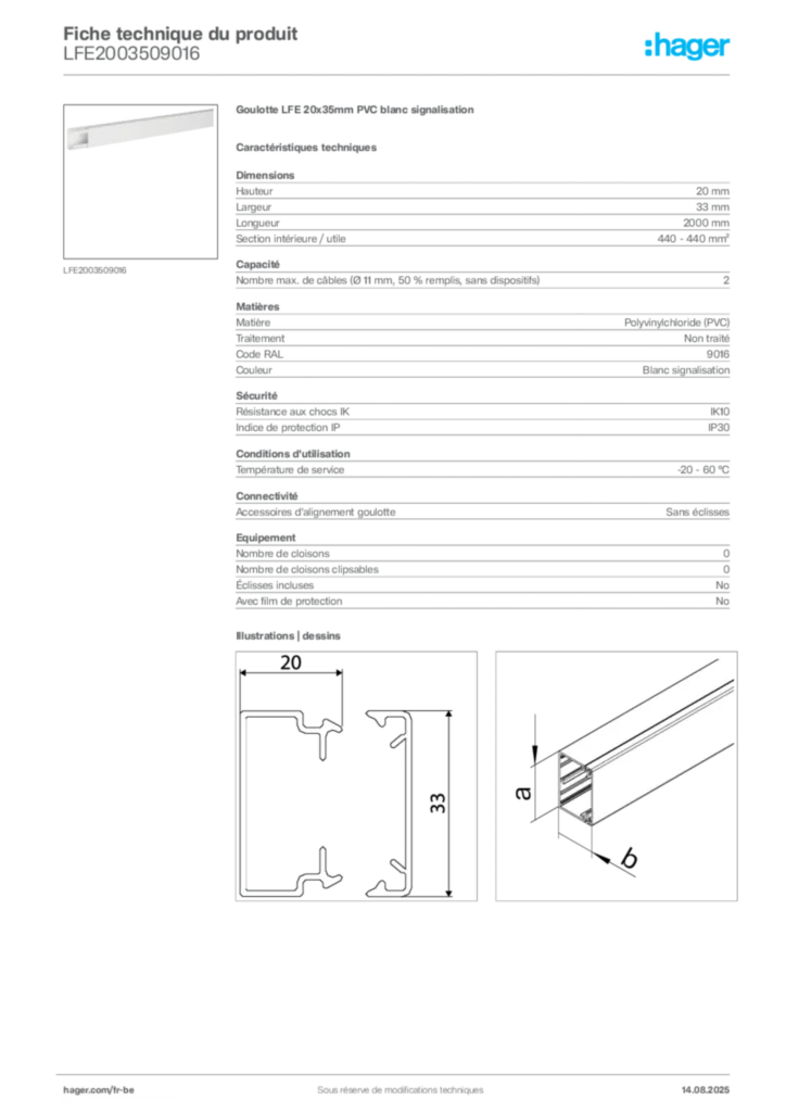 Image Hager Fiche technique du produit LFE2003509016 | Hager Belgique