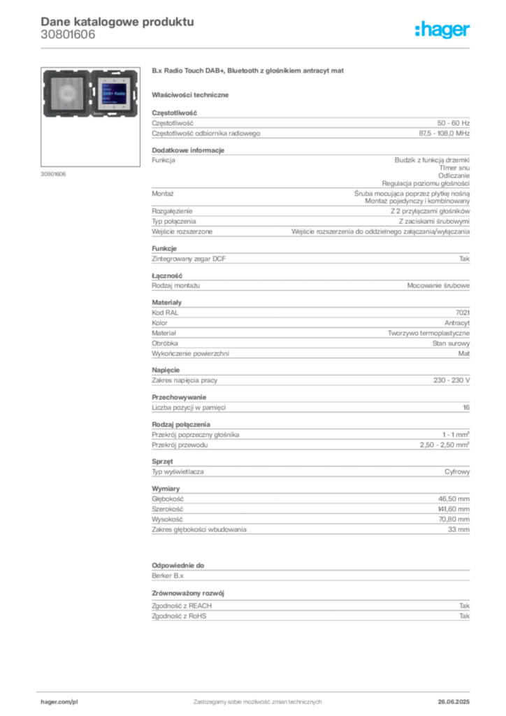 Zdjęcie Hager Dane katalogowe produktu 30801606 | Hager Polska