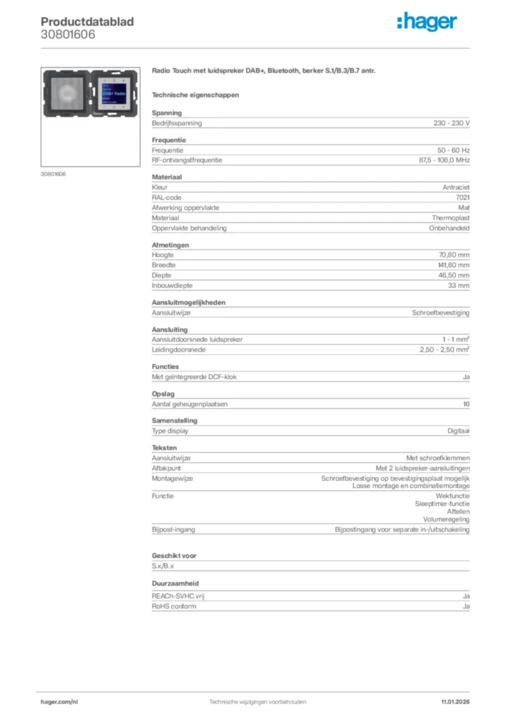 Afbeelding Hager Productdatablad 30801606 | Hager Nederland