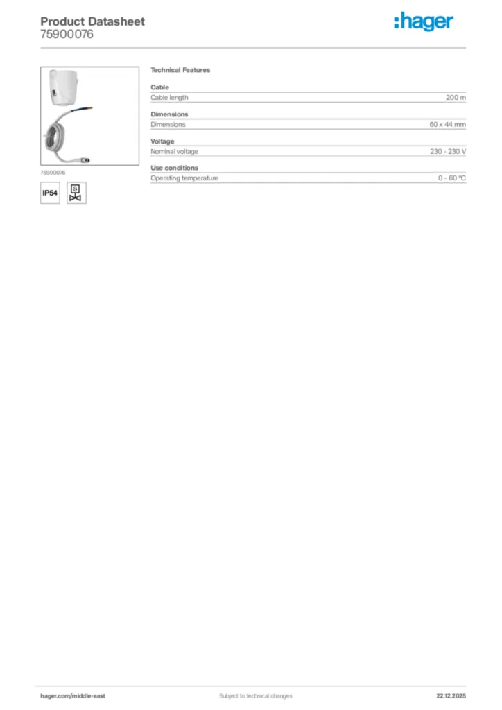 Image Hager Product data sheet 75900076  | Hager