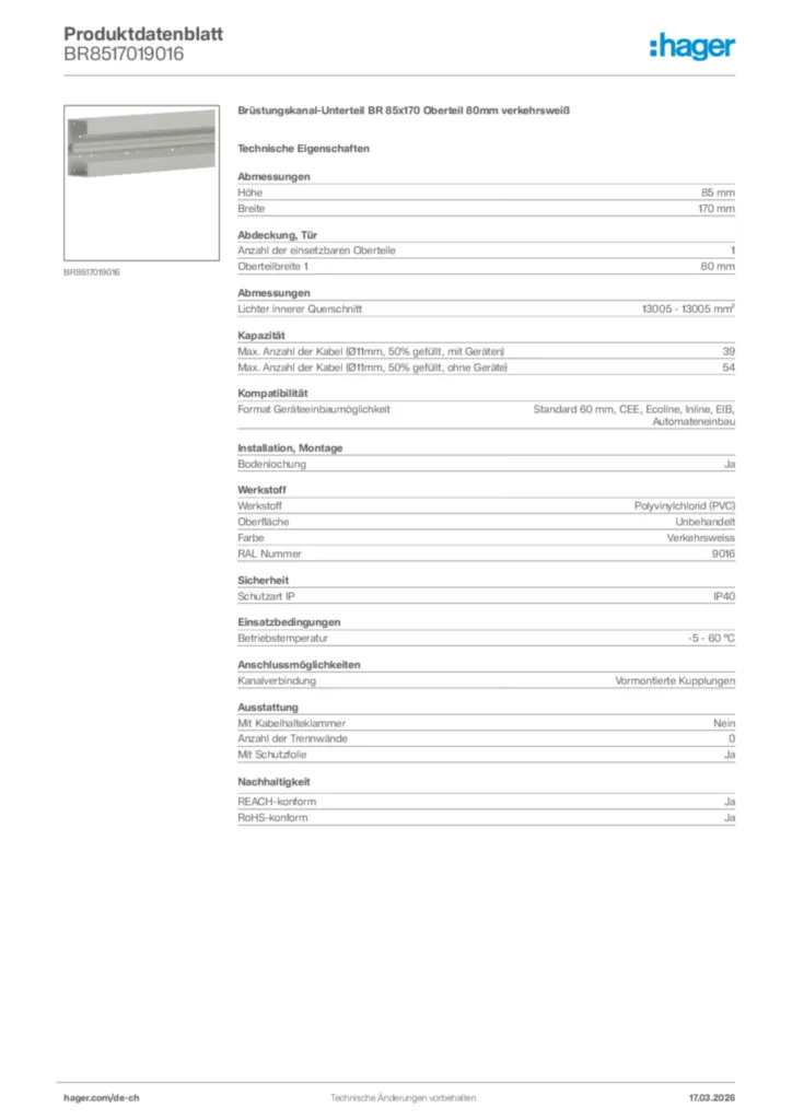 Bild Hager Produktdatenblatt BR8517019016 | Hager Schweiz