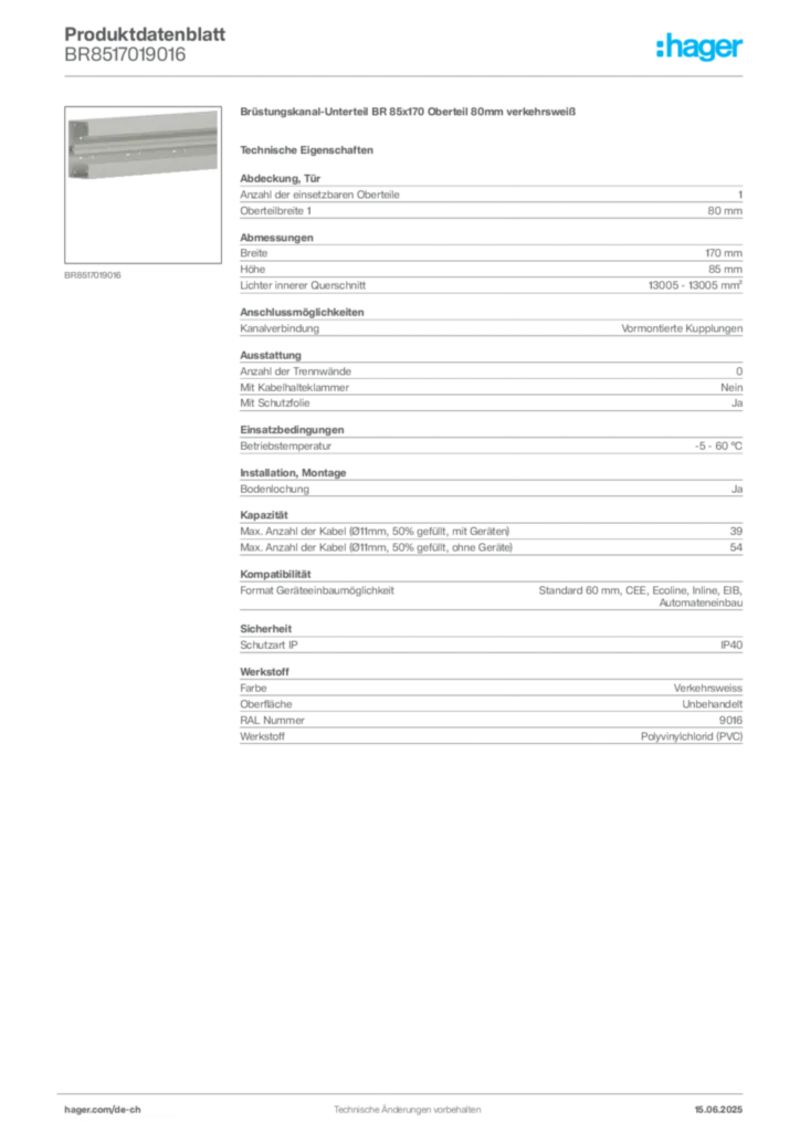 Bild Hager Produktdatenblatt BR8517019016 | Hager Schweiz