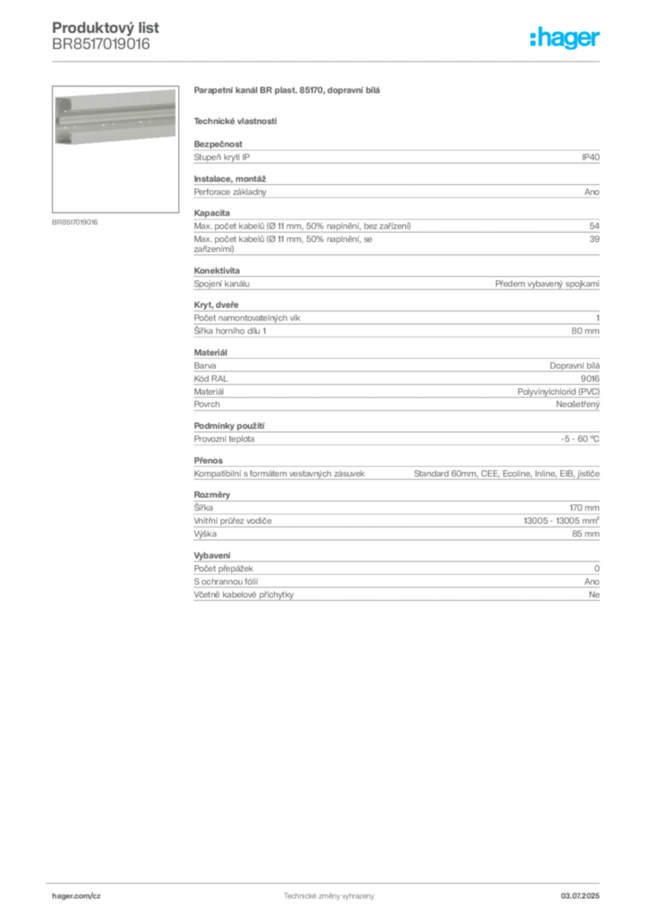 Obrázek Hager Produktový list BR8517019016 | Hager