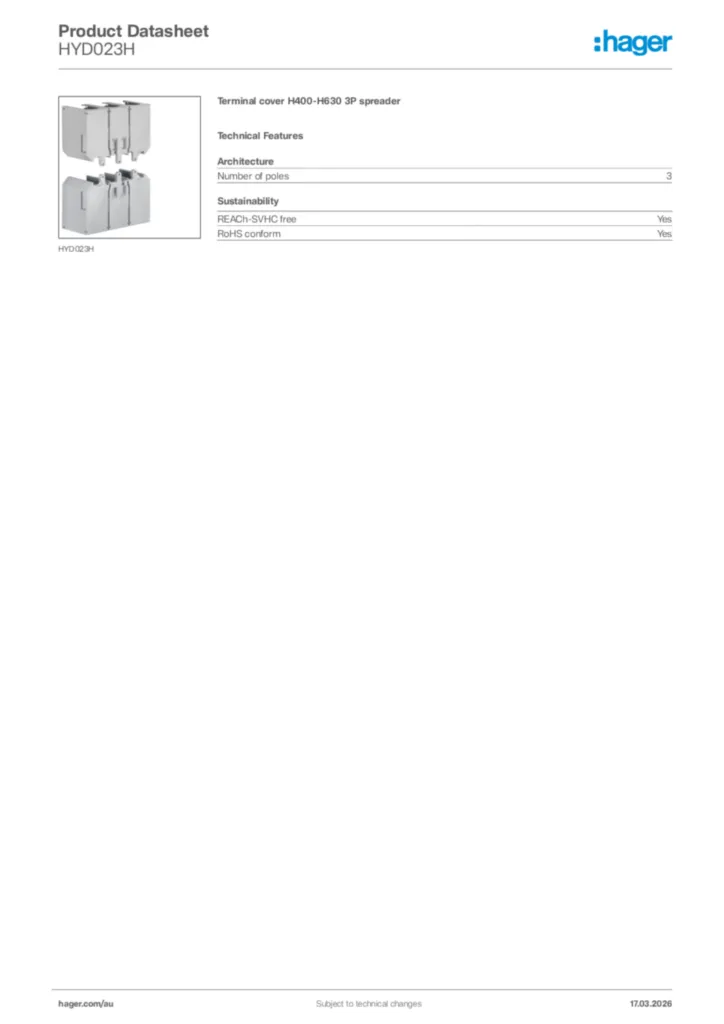 Image Hager Product data sheet HYD023H  | Hager Australia
