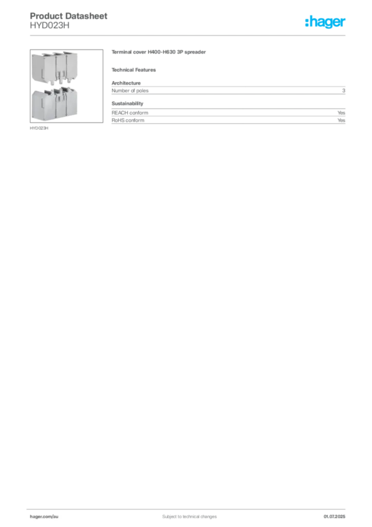 Image Hager Product data sheet HYD023H  | Hager Australia