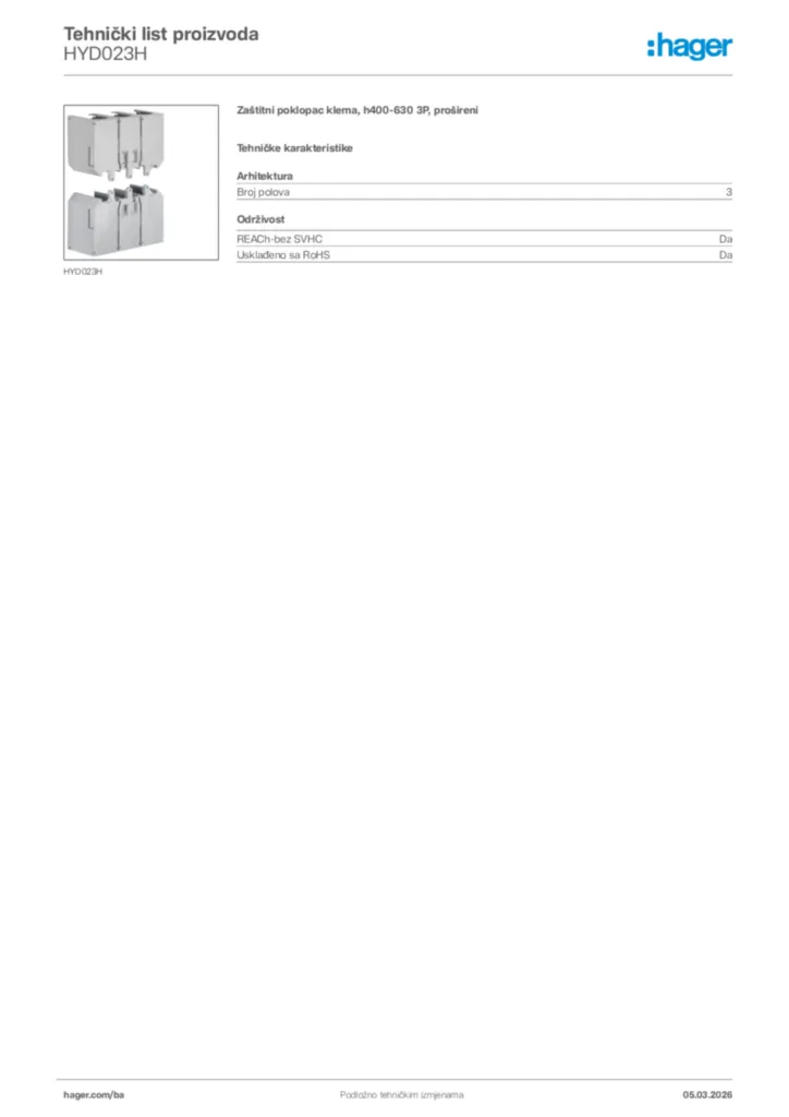 Slika Hager Tehnički list proizvoda HYD023H  | Hager