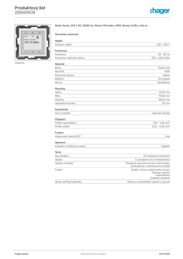 Obrázek Hager Produktový list 28849909 | Hager