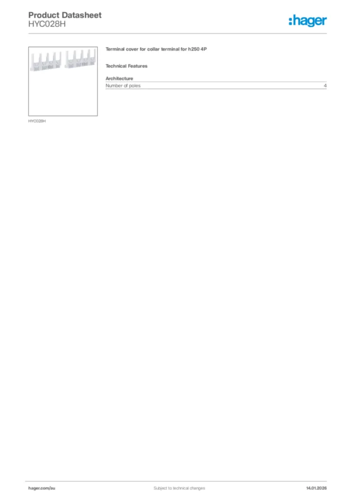 Image Hager Product data sheet HYC028H  | Hager Australia