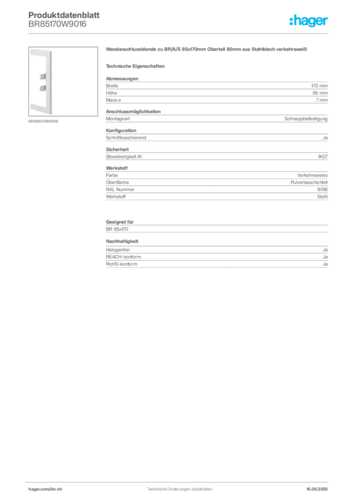 Bild Hager Produktdatenblatt BR85170W9016 | Hager Schweiz