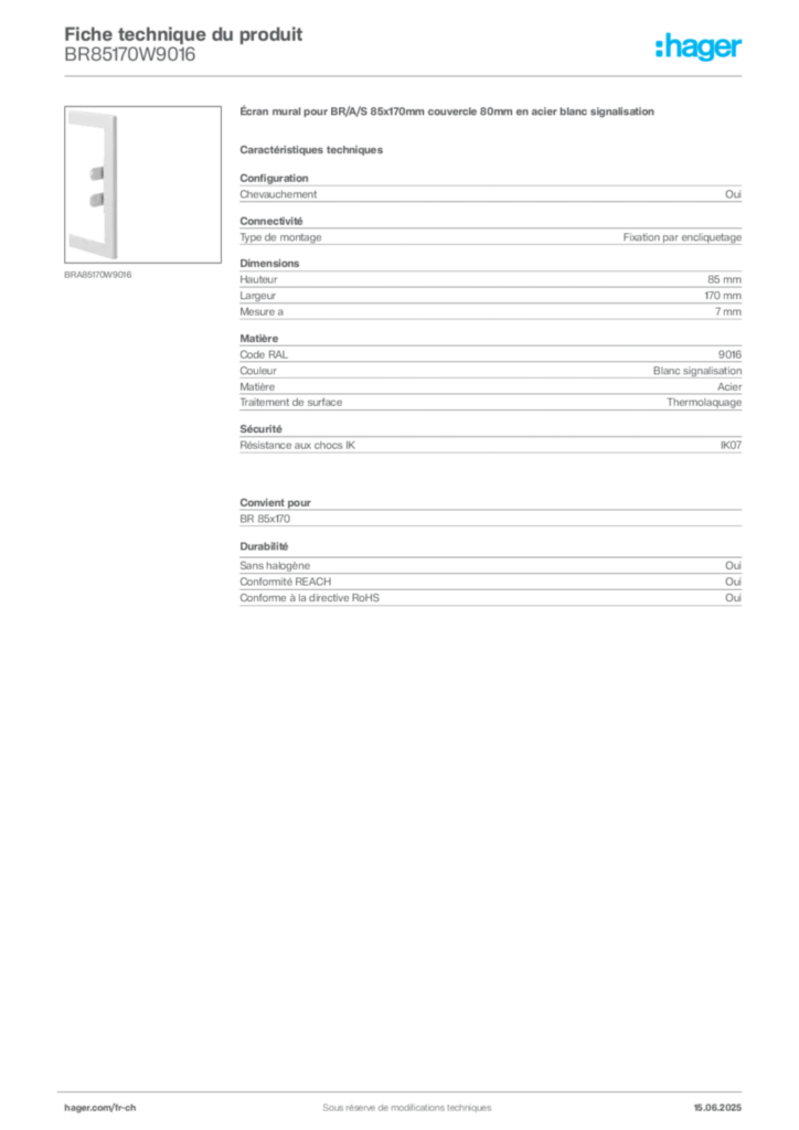 Image Hager Fiche technique du produit BR85170W9016 | Hager Suisse