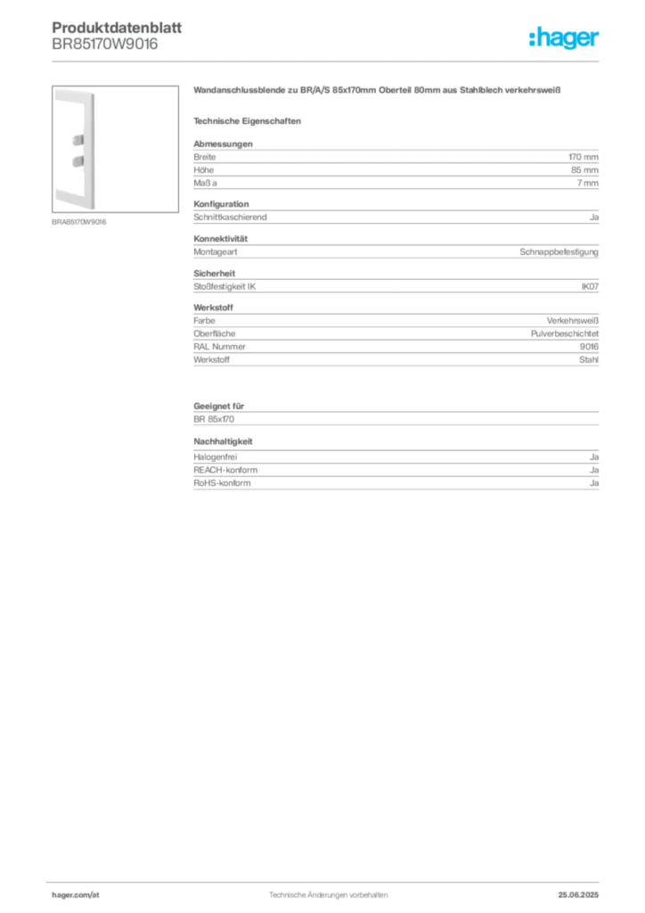 Bild Hager Produktdatenblatt BR85170W9016 | Hager Deutschland