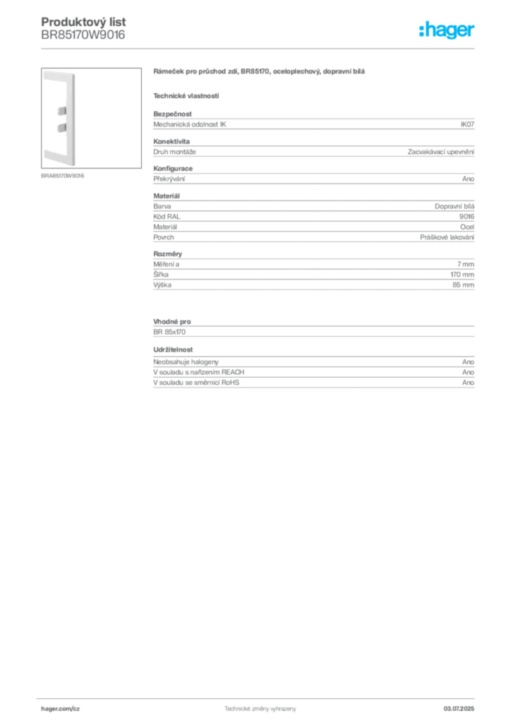 Obrázek Hager Produktový list BR85170W9016 | Hager