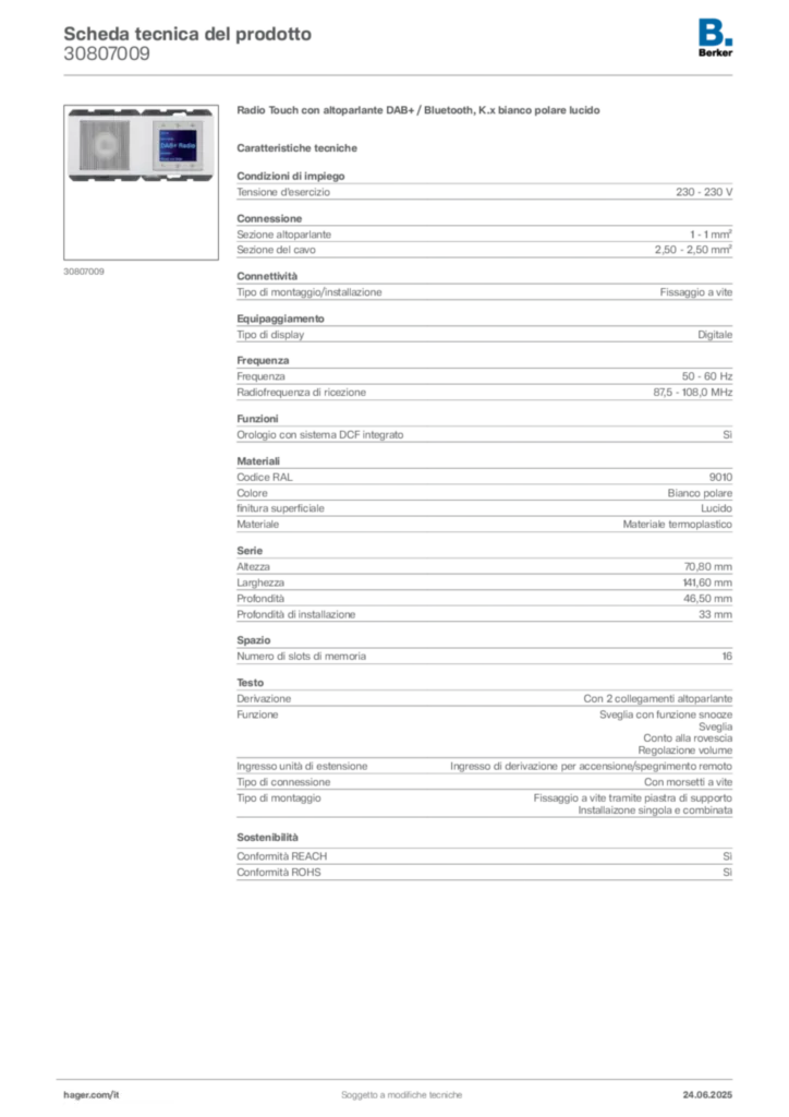 Immagine Berker Scheda tecnica del prodotto 30807009 | Hager Italia