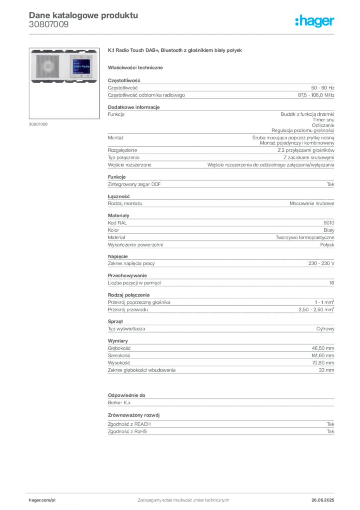 Zdjęcie Hager Dane katalogowe produktu 30807009 | Hager Polska