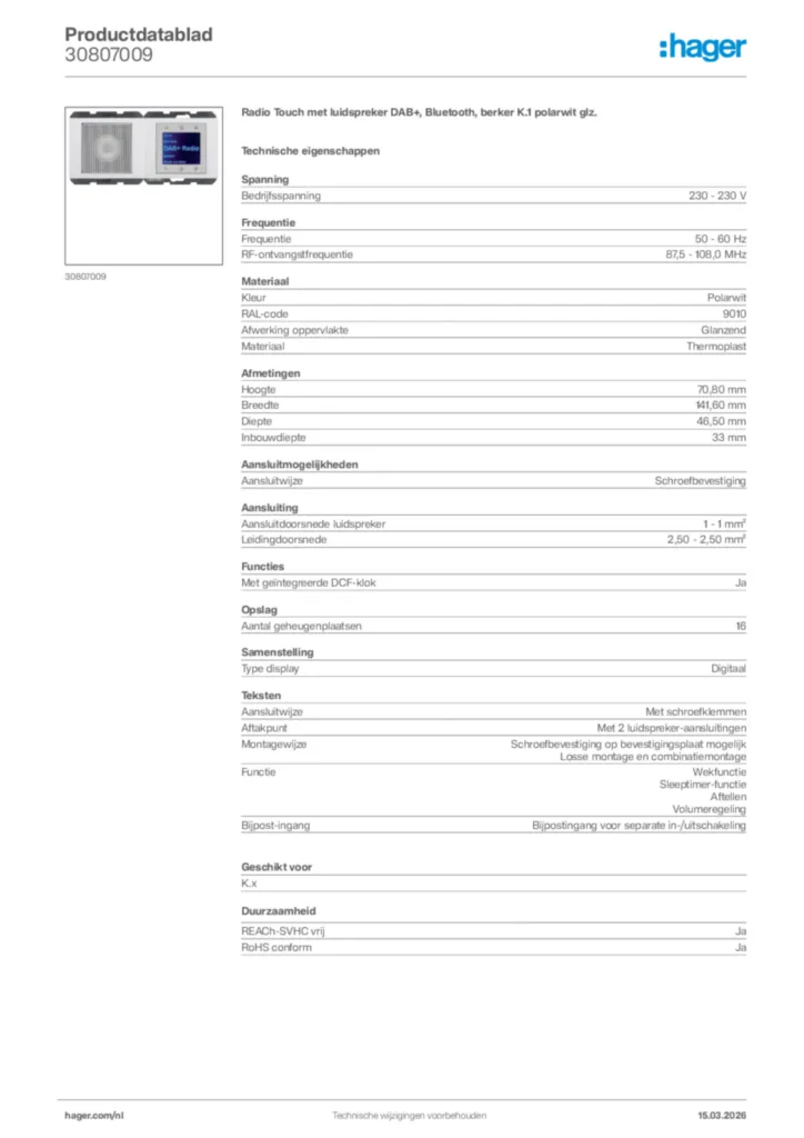 Afbeelding Hager Productdatablad 30807009 | Hager Nederland